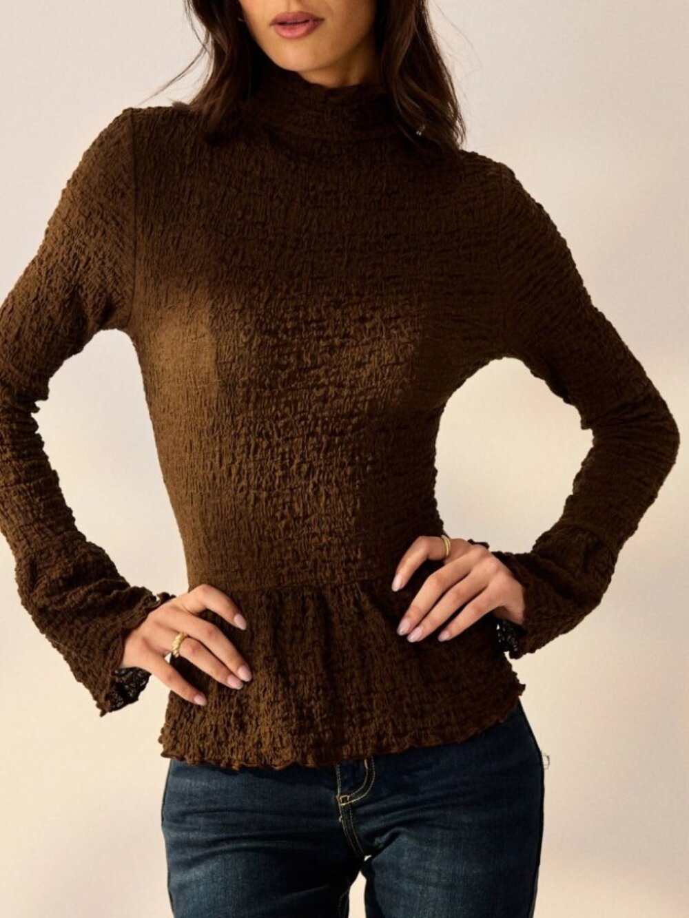 Brown Textured Knit Stand Collar Peplum Long Bell Sleeve Tee Top